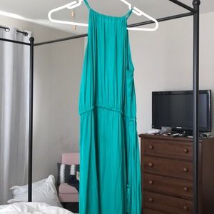 Green silky high neck maxi dress
